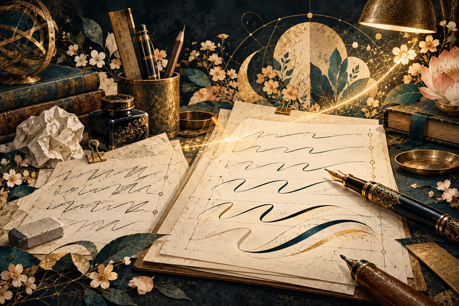 Artistic handwriting practice progressing from uncertain marks to confident flowing strokes